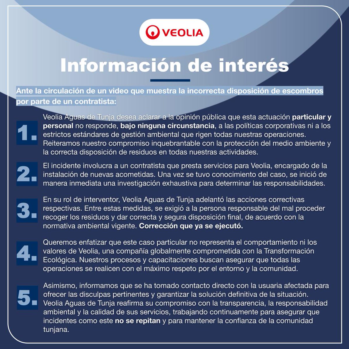 Veolia Aguas de Tunja aclara que la incorrecta disposición de escombros por parte de un contratista no representa sus políticas ni valores. Se inició una investigación y se tomaron acciones correctivas (residuos ya recogidos).