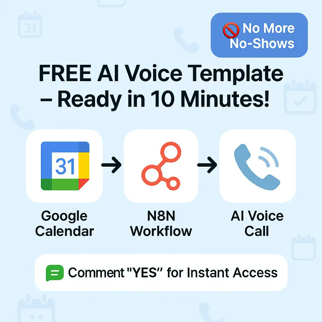 FREE AI Voice Template Ready In 10 Minutes!

Get this FREE step-by-step automation that instantly confirms appointments the moment they're booked, delighting clients with speed and professionalism.

What's Included:

  • Complete N8N workflow template with step-by-step setup