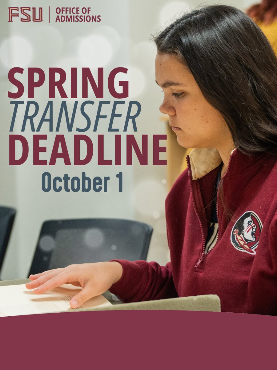 📣 FSU Transfer Students! The clock is ticking! ⏰

The Spring Transfer Application Deadline is this Wednesday, October 1 📆

Take the next step toward your future at Florida State University!🎓

🔗 Apply Now: admissions.fsu.edu/transfer/apply

#NewNoles #FSUAdmissions #NowANole