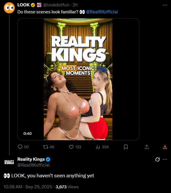 Wait… Reality Kings just engaged with <a href="/lookdotfun/">LOOK</a> from their official account?! 😳

And guess who owns Reality Kings... 

This ties L👀K to a massive brand, the upside is unreal. Think major onchain volume, think mainstream attention.

$LOOK is about to make history 🔥