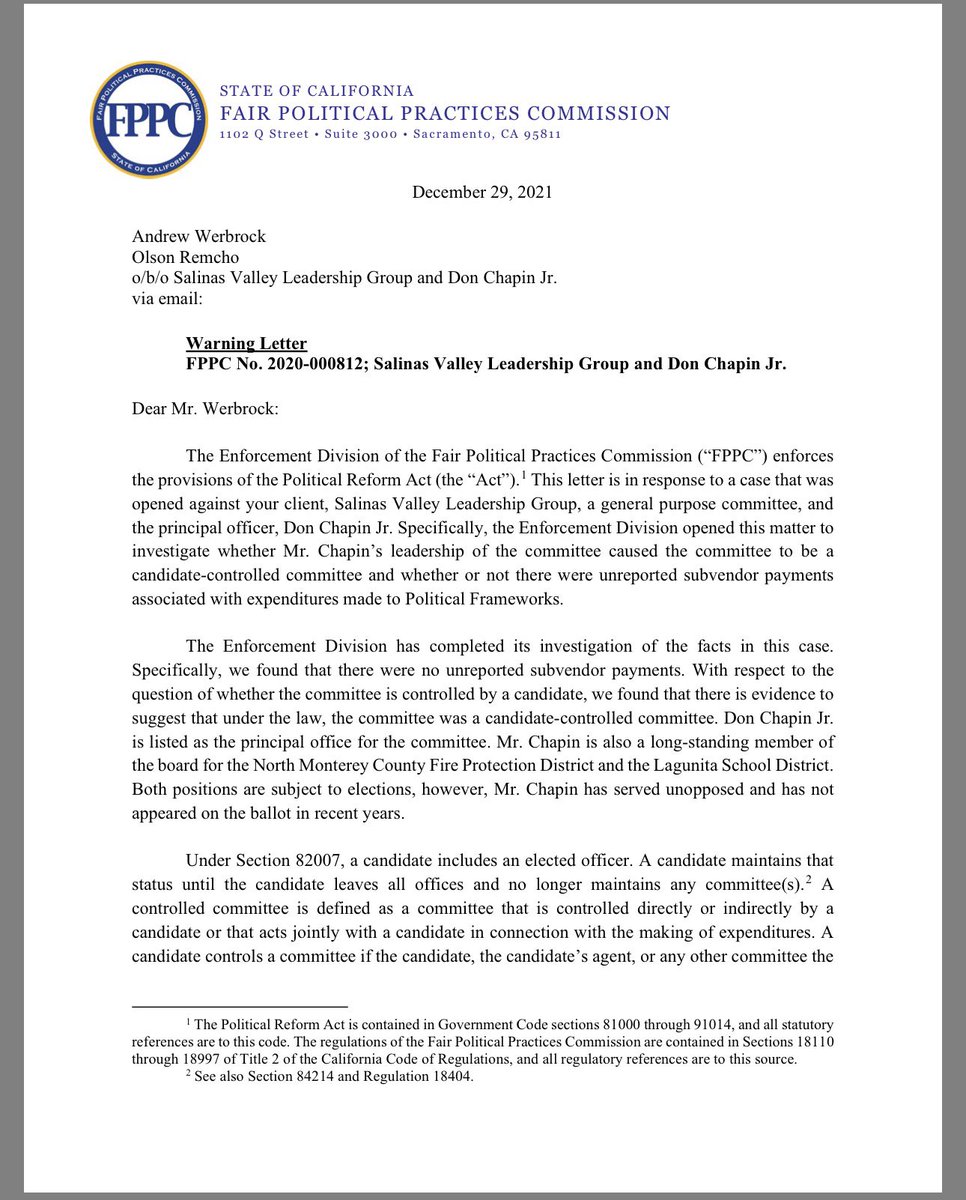 3/ But Don Chapin isn’t just a contractor. The FPPC issued a warning ...