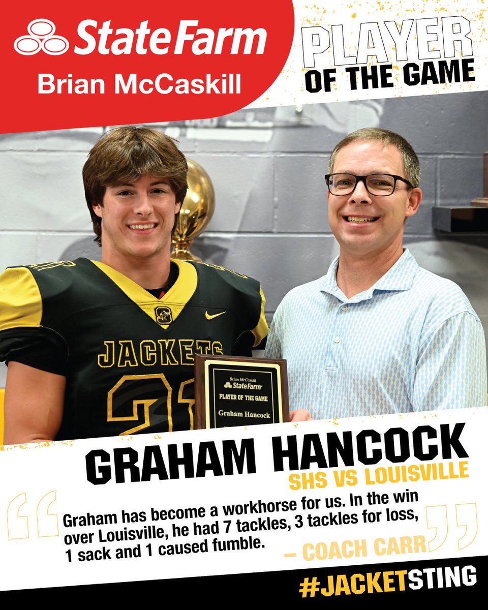 We're catching up on a little #JacketSting... It's a double dose of <a href="/BrianMcCaskill/">Brian McCaskill</a> State Farm POG honors for the SHS vs Louisville game, starting with GRAHAM HANCOCK! The junior linebacker earned 7 tackles, 3 tackles for loss, 1 sack and 1 caused fumble.