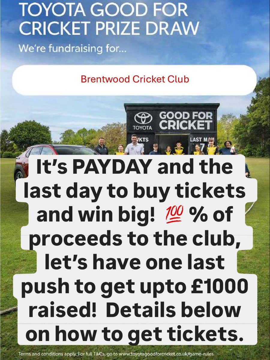 Get you tickets before 23.59 on 30th September!  Over £600 raised so far, but we can do better than that..  All proceeds to the club.  Link here - toyotagoodforcricket.co.uk/support/brentw…
