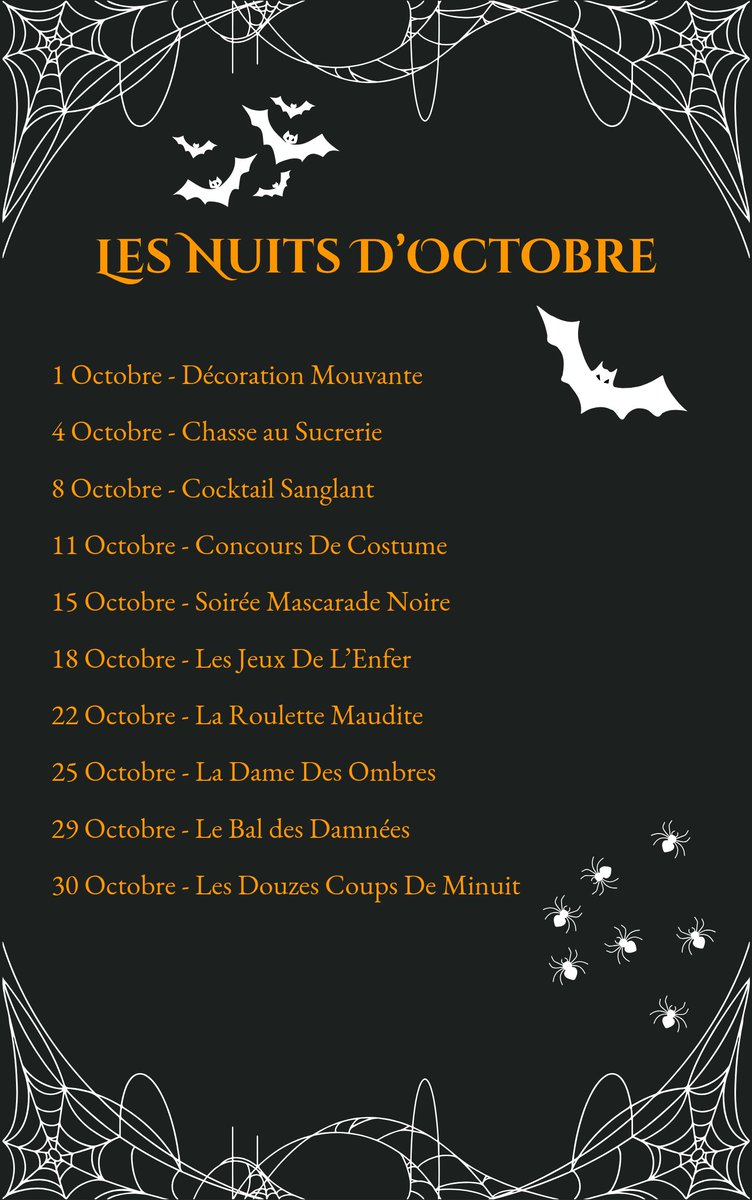 Une serveuse s’avance entre les tables, portant un plateau d’argent. Dessus, des feuillets noirs aux lettres dorées scintillent. D’un geste théâtral, elle dépose un exemplaire devant chaque 𝓛𝓮𝓬𝓽𝓮𝓾𝓻 : le calendrier des nuits d’octobre. Chacun découvre les promesses du mois.