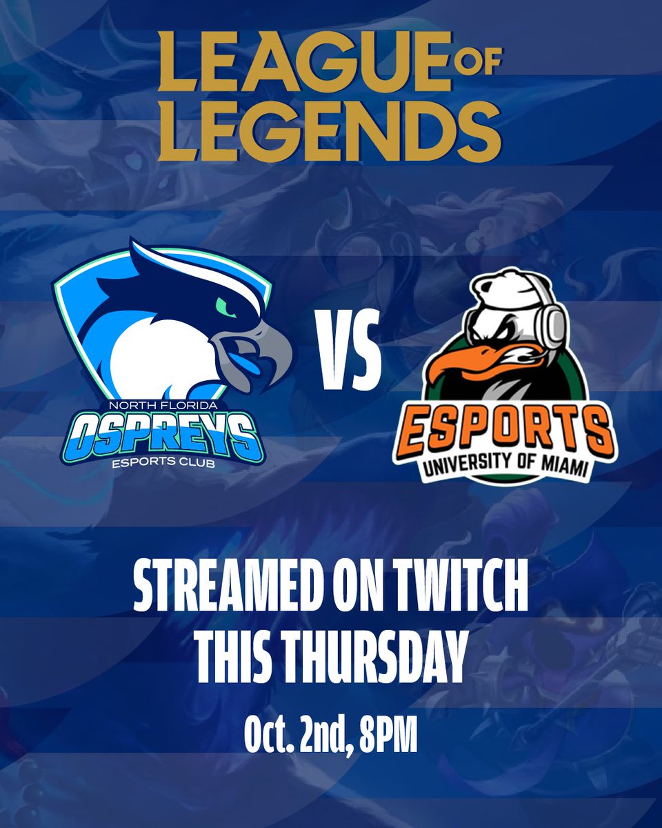 Match Day Incoming! 🔥
UNF Esports vs. University of Miami 
League of Legends – Thursday, Oct. 1 • 8 PM

We’re hitting the Rift for a rivalry showdown you won’t want to miss. 
Catch every play live on Twitch (link in bio)

#UNFOspreys #UNFEsports #LeagueOfLegends #TwitchLive