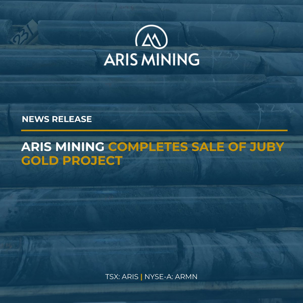 Aris Mining announces that it has completed the previously disclosed sale of its Juby Gold Project and related interests in Ontario, Canada, to McFarlane Lake Mining for total consideration of US$22 million, receiving US$13.2 million in cash and 82,023,746 common shares of