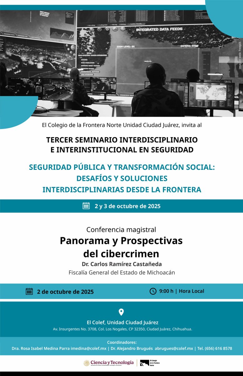 #EstaSemana 🔎 Desde El Colef, Unidad #CiudadJuárez, invitamos al Tercer Seminario Interdisciplinario e Interinstitucional en Seguridad.

🗓 Este 2 y 3 de octubre, a partir de las 9 h (Cd. Juárez)
📍  Av. Insurgentes No. 3708, Col. Los Nogales, CP 32350, Ciudad Juárez Chihuahua