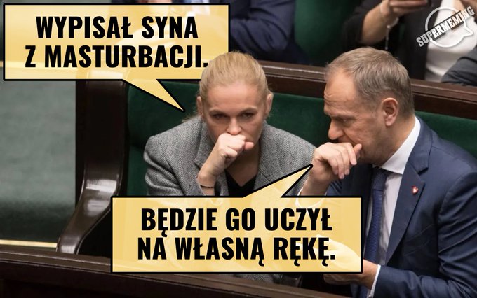 Two individuals, a woman with blonde hair in a gray suit and a man with gray hair in a blue suit, sitting in green parliamentary seats. The woman has her hand near her face, and the man is leaning forward, appearing to listen. Yellow speech bubbles with text in Polish are overlaid, one above the woman and one above the man. A watermark reading "SUPERMEMING" is visible in the top right corner.