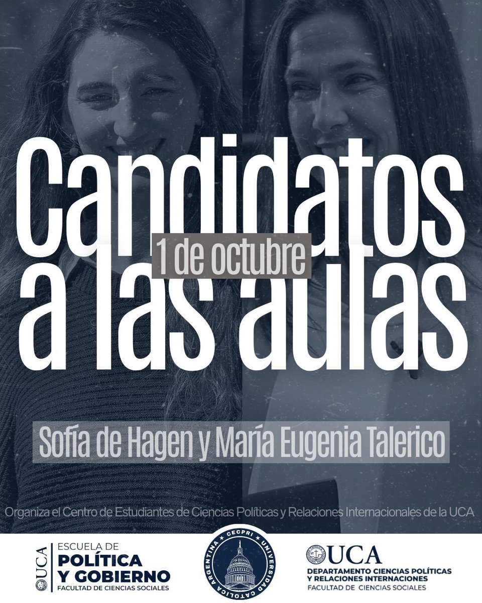 SofideHagen's tweet photo. 📢 Como candidata a diputada nacional, quiero agradecer al @UcaCecpri y a la @EPG_UCA por la invitación 🙌

Este miércoles 1/10 vamos a estar compartiendo con @eugetale un espacio con los estudiantes para contarles nuestras propuestas y visión para el país. 🇦🇷

¡Los esperamos! https://t.co/Zrk2UBjIH1