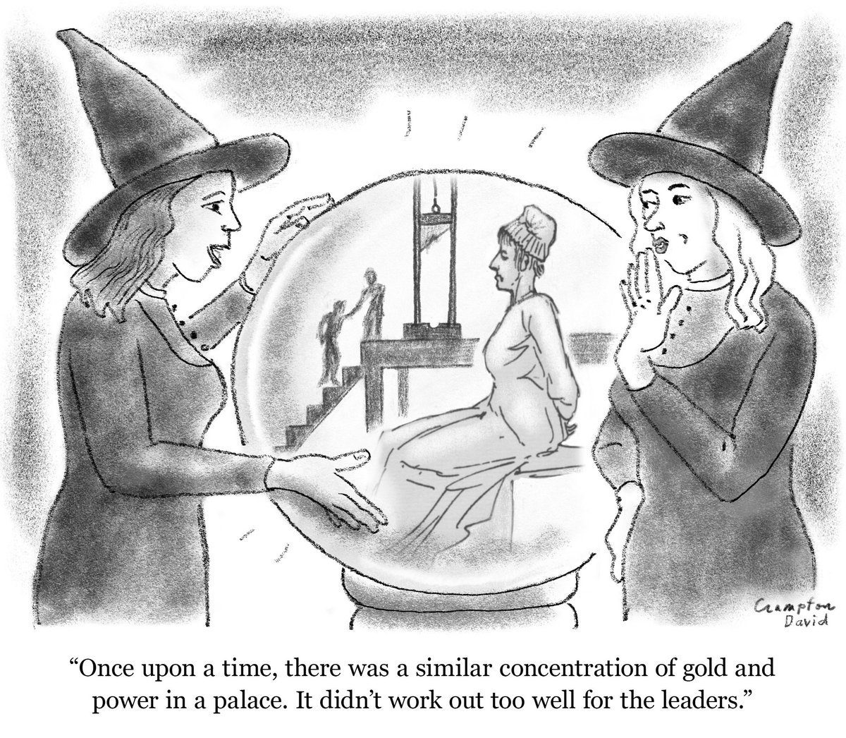 A new #politicalcartoon for you, my lovelies, with help from #David, who witnessed the execution of Marie Antoinette. How much faux #gold leaf are we paying for?
#ballroom 
#witch #witchhunt #retribution #darkhumor #indictment #fbi #trump