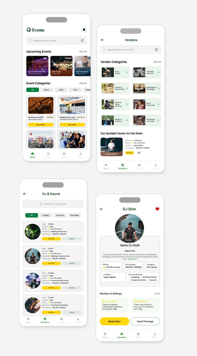 ItsmeEmeraldEzy's tweet photo. Introducing Eventa -a sleek mobile app concept for event ticketing and vendor sourcing.
Users can:
🔍Discover & book events seamlessly
🛠️Find trusted vendors
✨And Enjoy a smooth experience
Designed to make planning and booking stress free and fun #UIDesign #uxdesigners #design https://t.co/8mS6svvu1u