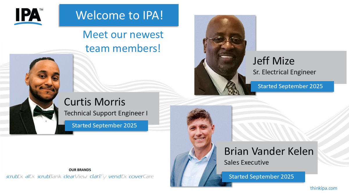 think_ipa's tweet image. Welcome to IPA, Curtis Morris, Jeff Mize &amp;amp; Brian Vander Kelen! Curtis joins the Customer Support Team as a Technical Support Engineer I. Jeff joins the Engineering &amp;amp; Product Dev. department as a Sr. Electrical Engineer. And Brian joins the Midwest Sales team as a Sales Executive.