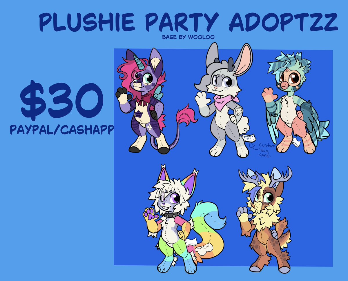 (Comin back to advertise some adopts)

🧸First batch of plushie adopts are available!!!💕

💲3️⃣0️⃣ first come first serve!!!

DM me here or on discord to claim!!! 

These have a customizeable tag option- I can make it say whatever !!!

Reposts appreciated