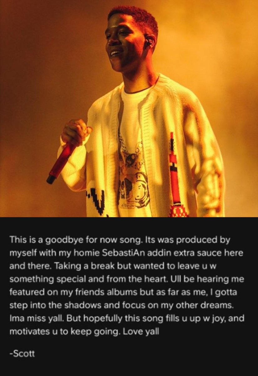 TayceTalksMusic's tweet photo. Kid Cudi shares a heartfelt farewell with his new “goodbye for now song,” stating:

“Ull be hearing me featured on my friends albums but as far as me, I gotta step into the shadows and focus on my other dreams. Ima miss yall.” https://t.co/yuXjoCMGnN