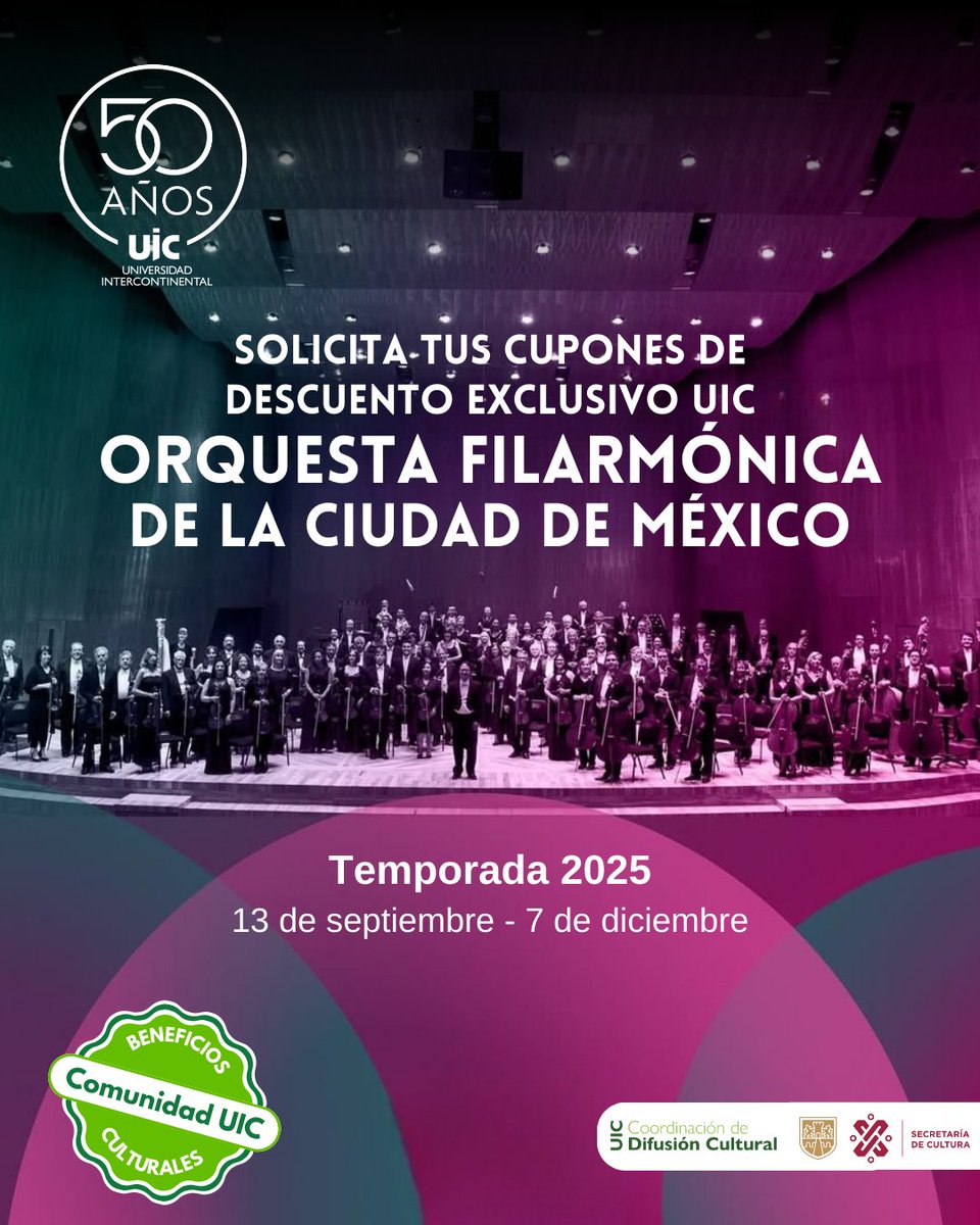 🎶 ¿Plan de finde?
La 🎻 Orquesta Filarmónica de la CDMX te espera y
tenemos 80% de descuento en boletos, exclusivo para
Comunidad UIC. Coordinación de
Difusión Cultural (Edificio América, PB).
🔗 Más info: bit.ly/ofcm261
#CulturaUIC #SomosTuOrquesta 🎵 #DescuentoUIC
