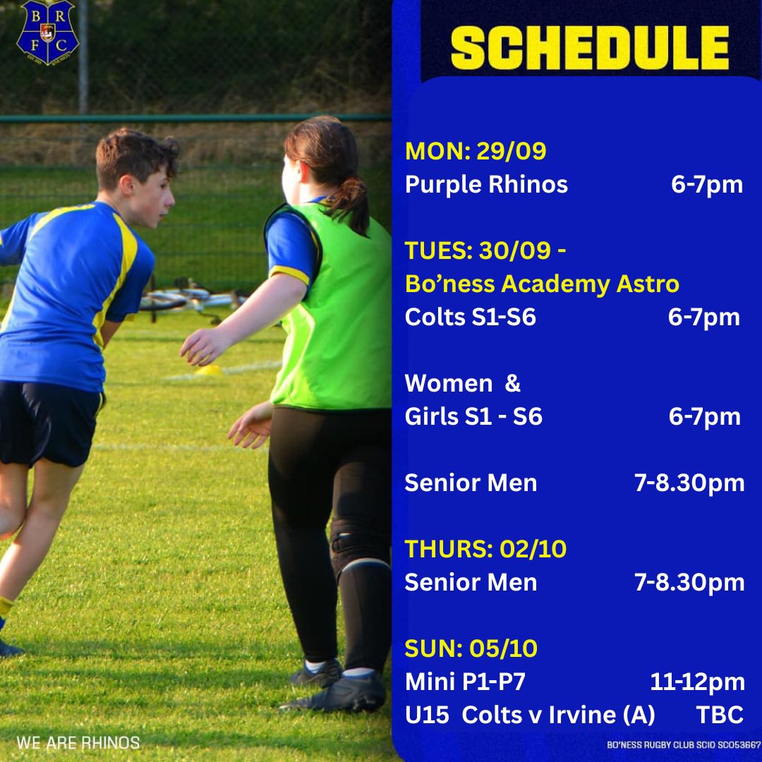 BonessRugbyFC's tweet photo. BRFC Weekly Schedule – Let’s Get Stuck In!💡 We’ve moved Tuesday training to the Bo’ness Academy Astro so you’ll find us under the floodlights, no more chasing daylight as the evenings draw in!  See below for what is happening this week across the club 🦏💙💛 https://t.co/l7RlT6n13Y