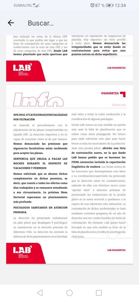 Gaur egun esan genezake <a href="/LABsindikatua/">LAB SINDIKATUA</a> eta <a href="/ELASindikatua/">ELA Sindikatua</a>  kalitatezko Psikologia Klinikoaren defentsan Osasun Sistema Publikoan eragile bakarrak direla. 

Alderdi politiko denek zein Elkargo Ofizialek bizkarra eman diote. 

naiz.eus/eu/gaiak/notic…