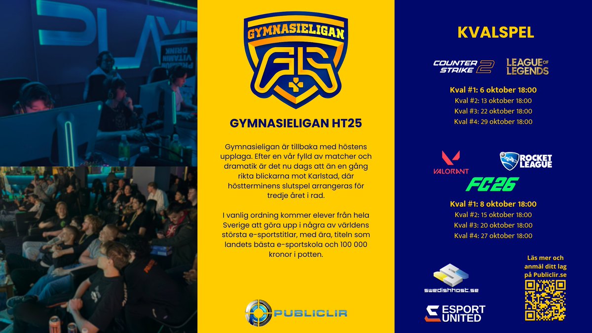 🔥 1 VECKA KVAR TILL FÖRSTA KVALET I GYMNASIELIGAN HT25! 🔥

Nedräkningen har börjat – om en vecka drar kvalen igång till höstens Gymnasieliga 🏆
Är ni redo att visa att ni har vad som krävs för att bli Sveriges bästa e-sportskola? 🇸🇪

👉 Counter-Strike 2, Valorant, League of