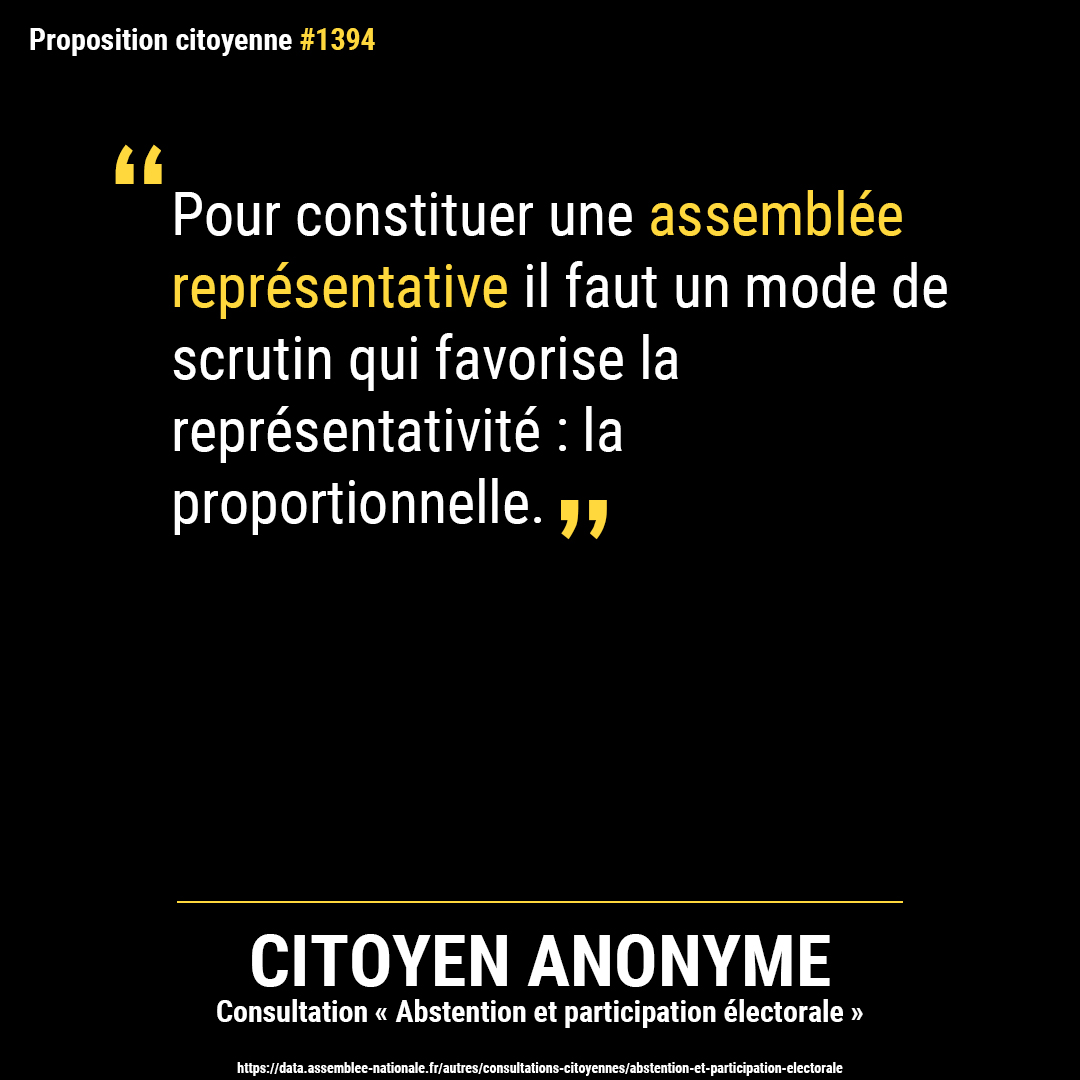 PropCitoyennes's tweet image. Proposition citoyenne anonyme issue de la consultation « Abstention et participation électorale ».
#proportionnelle #représentation #démocratie