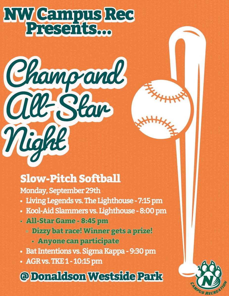 NWCampusRec's tweet image. The stage is set! 🥎

Join us tonight at Donaldson Westside Park for our Champ and All-Star Night! Games begin at 7:15! #activebearcats #campusrec #oabaab