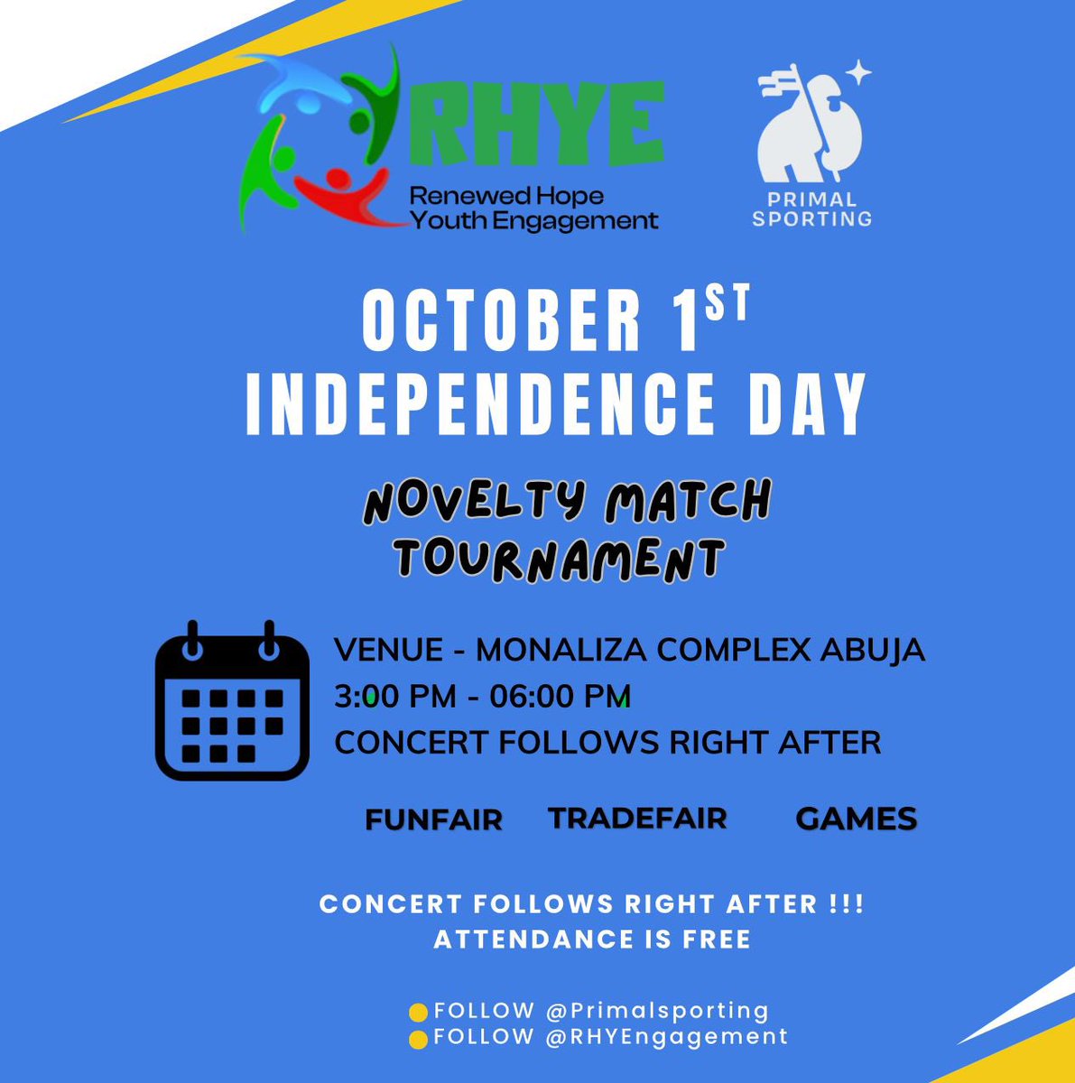 In celebration of Nigeria’s independence, I will be representing TEAM OPPOSITION (Abuja Titans FC) at the October 1 Novelty Match powered by <a href="/PrimalSporting/">Primal Sporting Club</a>. 

We are going to win this Tournament, and we can’t do it without your support. 

<a href="/Abdulrahmanleme/">Abu Rayyan</a>, you go collect.😁
