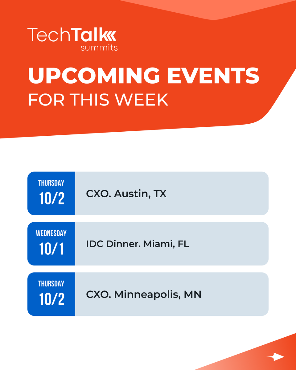 techtalksummits's tweet image. Happy Monday from #TechTalkSummits! Coming up this week:

Wednesday 10/1 - IDC Dinner - Miami, FL
Thursday 10/2 - CXO Summit - Austin, TX
Thursday 10/2 - CXO Summit - Minneapolis, MN
Thursday 10/2 - Private Event at The Star - Dallas, TX
Thursday 10/2 - SUSE Exchange in the Bay -…