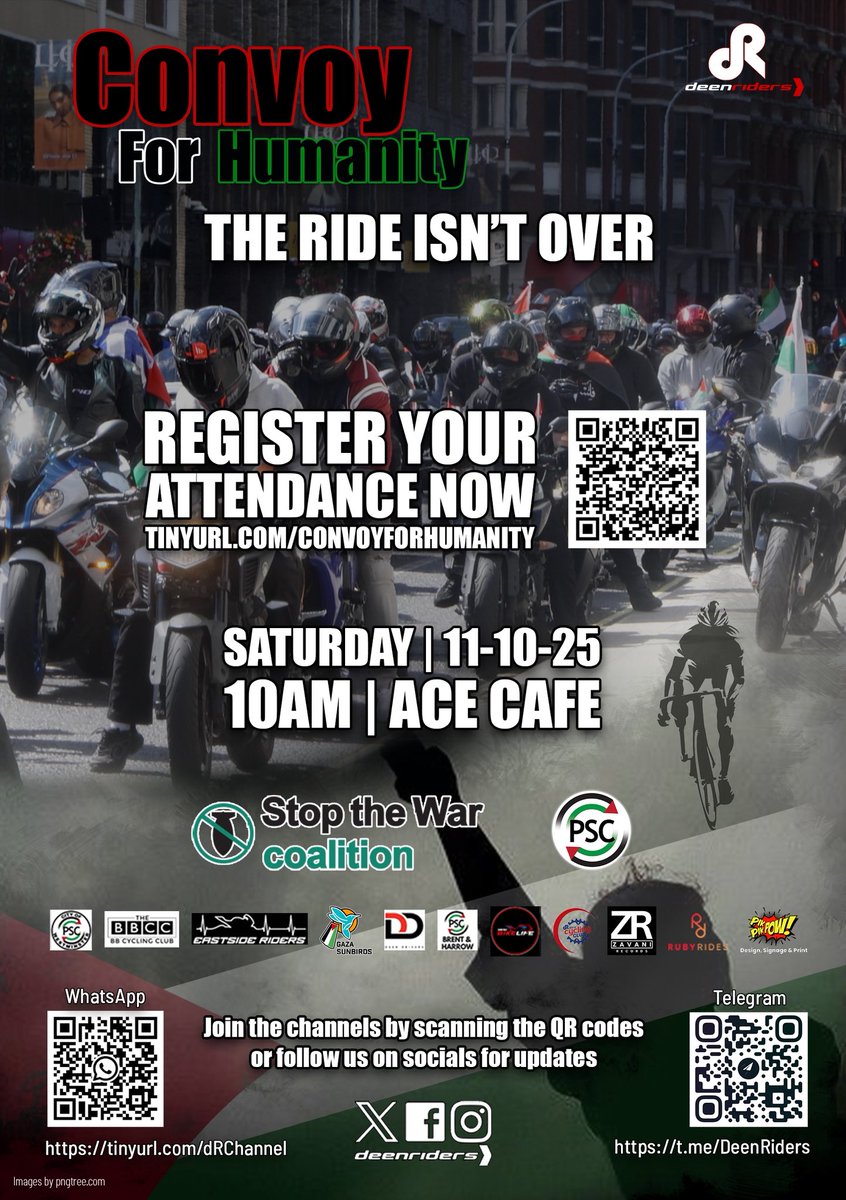 REGISTER NOW! tinyurl.com/ConvoyForHuman…
#ConvoyForHumanity #RideForPalestine #FreePalestine <a href="/STWuk/">Stop the War</a> <a href="/PSCupdates/">Palestine Solidarity Campaign</a> <a href="/BrentHarrowPSC/">Brent & Harrow PSC</a> <a href="/_RubyRides_/">RUBYRIDES</a> <a href="/desi_bike/">DesiBikeLife</a> <a href="/gazasunbirds/">gazasunbirds</a>
