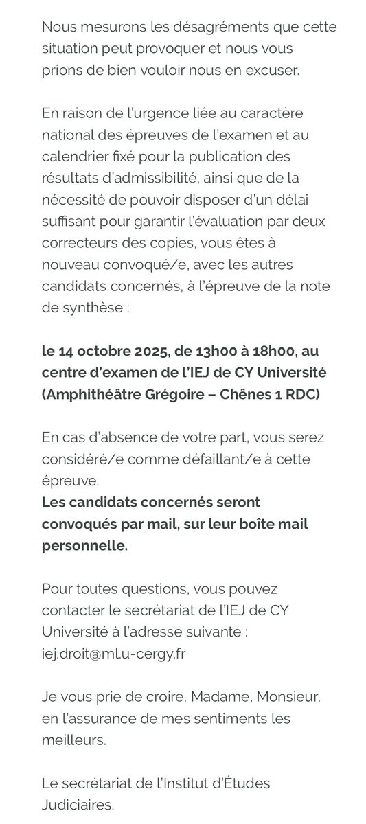 ⚠️ COMMUNICATION IMPORTANTE - #CRFPA2025 - IEJ CERGY -PARIS UNIVERSITÉ 

👉 des copies de l’épreuve de Note de synthèse ont été perdues 

👉 Les étudiants doivent repasser l’épreuve le 14/10

La communication présente sur le site de l’IEJ : 

#CRFPA