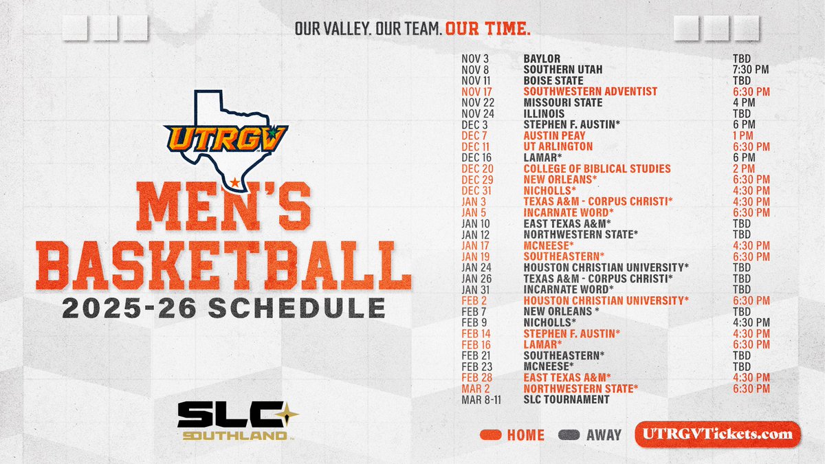 UTRGVmbb's tweet image. Here's our complete 2025-26 schedule.
Get your season tickets now at GoUTRGV.com/SeasonTickets!
#RallyTheValley #UTRGV