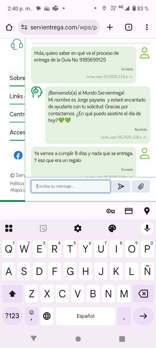 Linin0776's tweet photo. @Servientrega_ms @sicsuper su ayuda  Centro de Soluciones, necesito la entrega de la Guía No. 9185699125. Va para Envigado, ya mañana cumplen 8 días con la encomienda y no ha sido posible su entrega, hasta cuándo??? https://t.co/XzBX0WjNfT