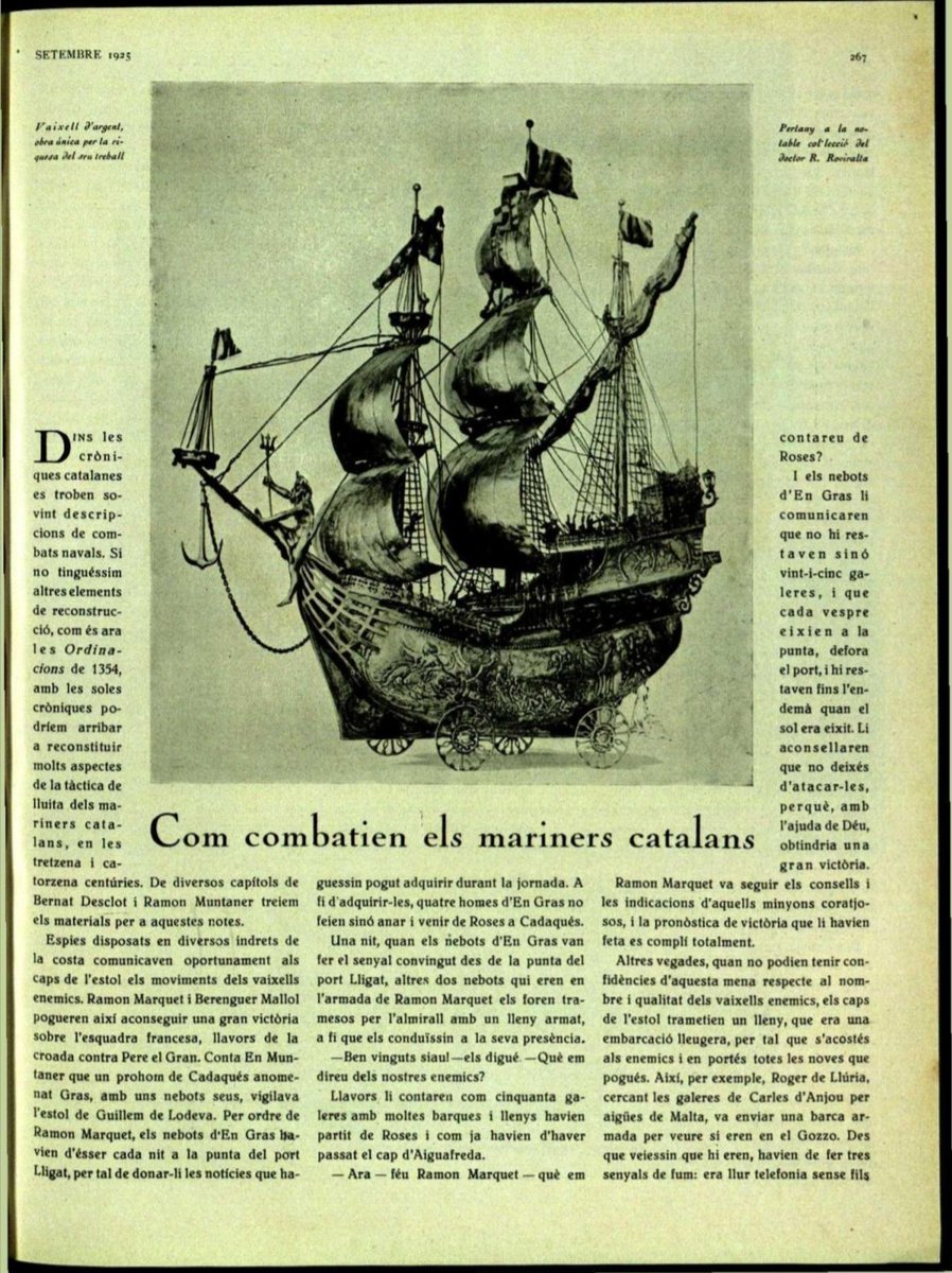 🧵
⚓Ferran Soldevila —historiador de primera meitat de segle XX— signava a «D'ací i d'allà» aquest magnífic article sobre els mariners catalans que havia estudiat a través de les Ordinacions de 1354 i, en aquest cas concret, gràcies a les Cròniques de Bernat Desclot...👇🏻