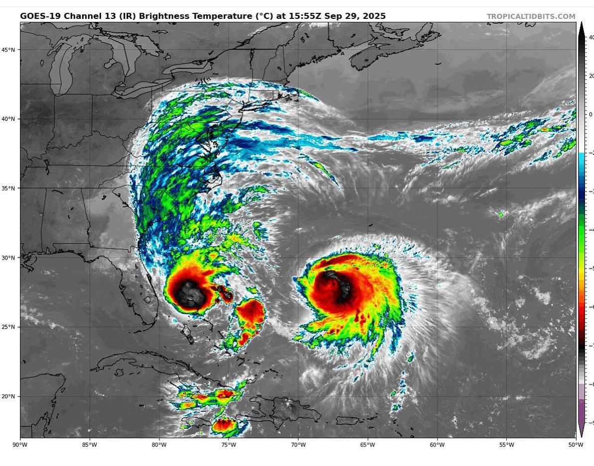 ¡La foto del día! 📸
Imelda y Humberto… en un curioso “baile” atmosférico llamado efecto Fujiwhara.

Si bien Humberto está influyendo en la trayectoria de Imelda y desviándola hacia el este, no se puede asegurar que evite por completo un acercamiento a la costa.