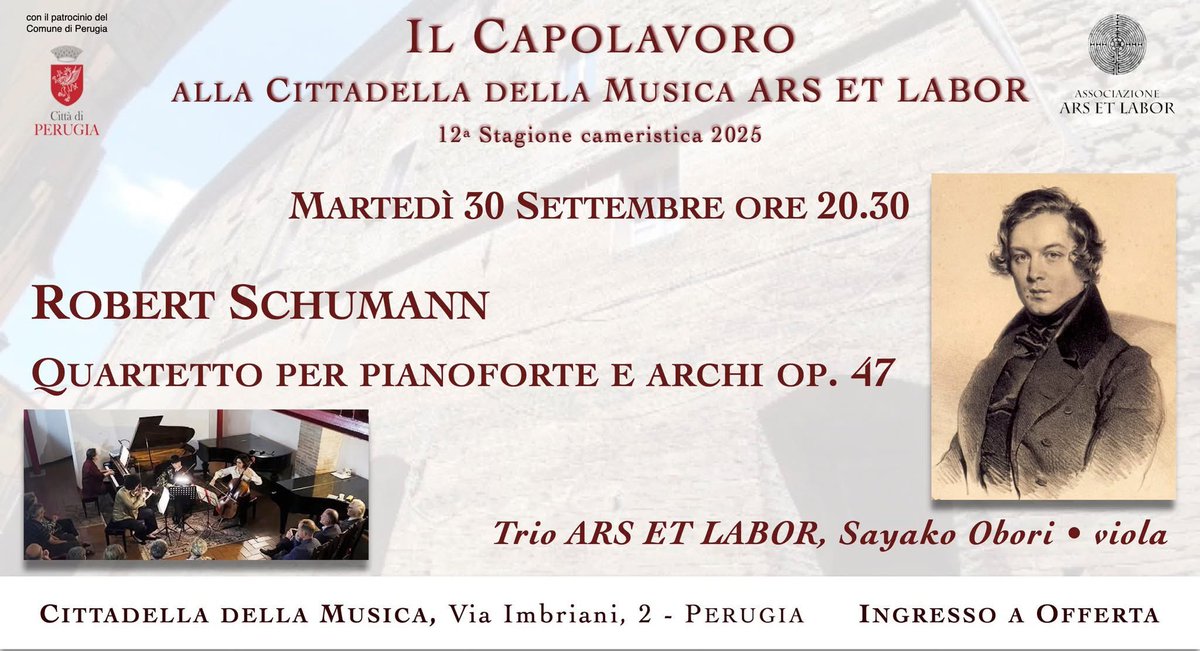 ARSETLABOR's tweet photo. Vi aspettiamo domani sera con "Il Capolavoro". In programma il Quartetto per pianoforte e archi di Robert Schumann a cura del Trio ARS ET LABOR e Sayako Obori alla viola. https://t.co/gEst2usar8