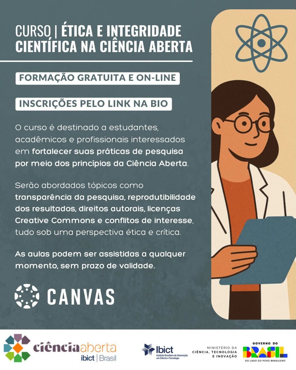 A Plataforma Canvas está oferecendo um curso gratuito e on-line sobre ética e integridade científica na Ciência Aberta

Inscreva-se pelo link: 
forms.office.com/pages/response…