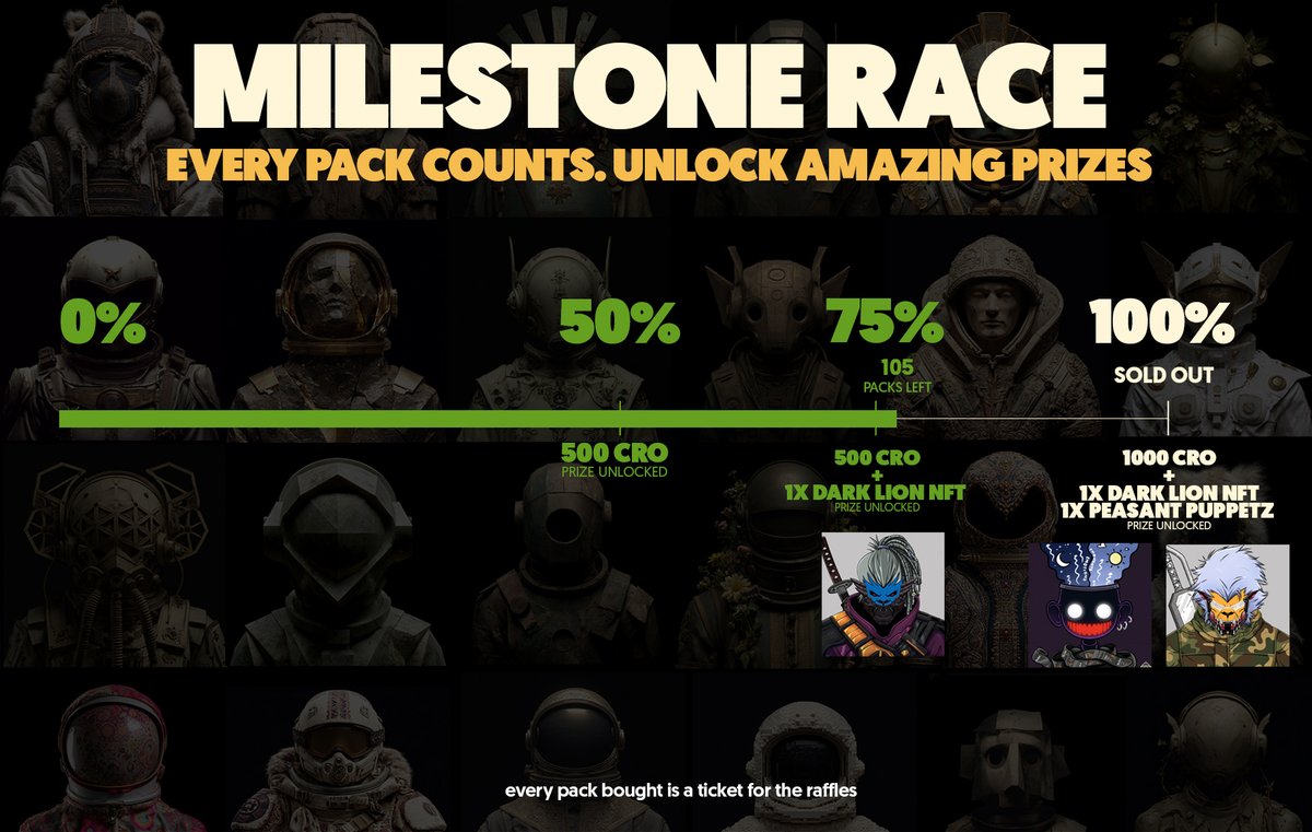 Important announcement 🚨 Last Milestone: SOLDOUT, 100%, the GOAL 🎯

105 packs left. Every pack bought is a ticket for the raffle. 2 big prizes will get unlocked:

🎁 1000 $CRO + 1x Peasant <a href="/PuppetzART/">PuppetZ.CDC🎭</a> NFT
🎁 1x Dark Lion NFT by <a href="/LoadedLions_CDC/">Loaded Lions</a> 

Let's mint it out! 🚀