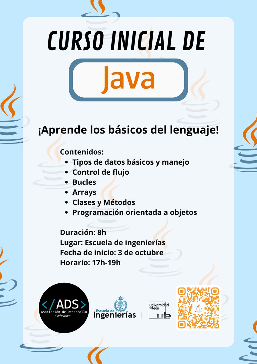 ads_ule's tweet photo. ☕ Curso Inicial de #Java 💻
Desde cero, pensado para principiantes.
📅 Inicio 3/10 | Viernes 17-19h
💰 Gratis socios ADS / 5€ no socios
📍 1ª clase gratis | Trae portátil
🔗 Inscripción: https://t.co/qZXjnSZXe5 https://t.co/ciQaqceJjy