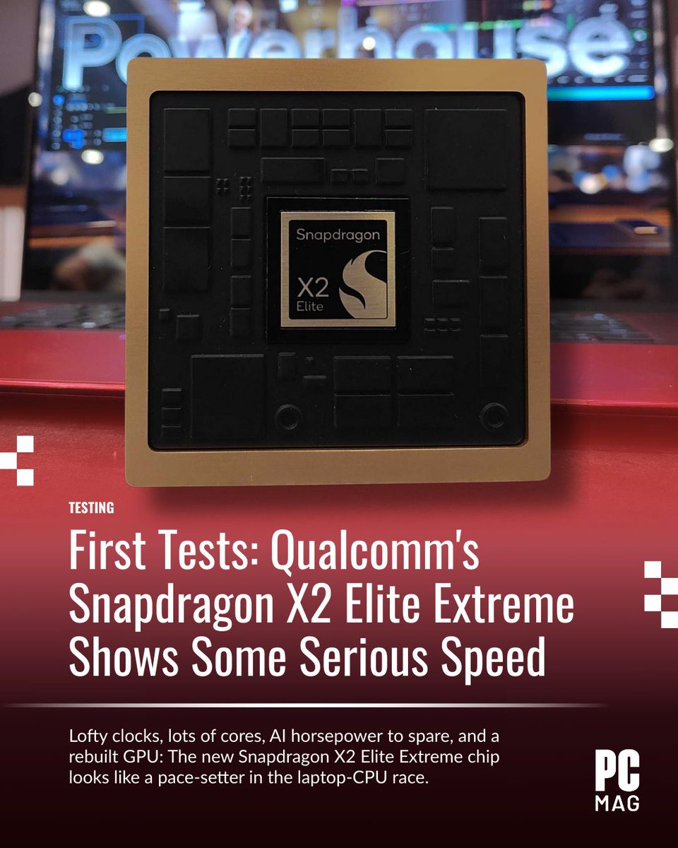 PCMag's tweet photo. The new Snapdragon X2 Elite Extreme may be X-traordinary.
With 18 cores, a next-gen Adreno GPU, and an 80 TOPS NPU, Qualcomm’s flagship SoC could give AMD & Intel night terrors.
Read the full article at PCMag 👉️ https://t.co/oCY0ZalU2K
#snapdragonsummit #x2elite #x2eliteextreme #qualcomm #techreview