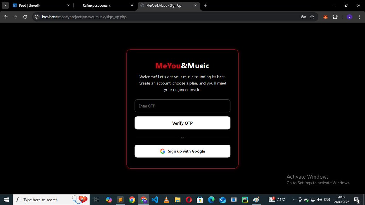 IceTheCoder's tweet image. I’m 16 and I’m building my portfolio through real projects.
Day 2 of MeYou&Music, a platform where artists subscribe for mixing/mastering.
Features:
✅ Signup + login with OTP
💻 HTML / CSS / JS / PHP / SQL / jQuery
Learning by building. More soon.
#TeenDev #CodingJourney