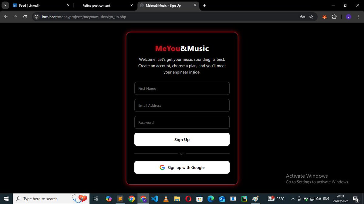 IceTheCoder's tweet image. I’m 16 and I’m building my portfolio through real projects.
Day 2 of MeYou&Music, a platform where artists subscribe for mixing/mastering.
Features:
✅ Signup + login with OTP
💻 HTML / CSS / JS / PHP / SQL / jQuery
Learning by building. More soon.
#TeenDev #CodingJourney