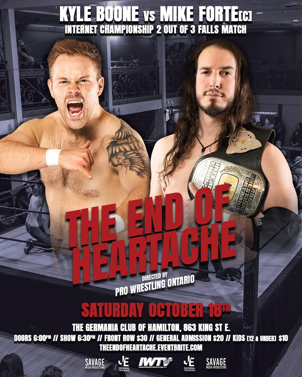 ProWrestlingOnt's tweet photo. Match Card:
Openweight Title: @FuerzaLives v. @TARIKhatesyou (c) v. @HmcScrapper
- 2 Out of 3 Falls for the Internet Title: Mike Forte (c) vs. @TheKyleBoone
- Fatal 4 Way for the Trios Titles: The Foundation (c) v. The Uprising v. SBVC vs. Heathens &amp; James
+ More To Be Announced! https://t.co/e0zIw1zTo7