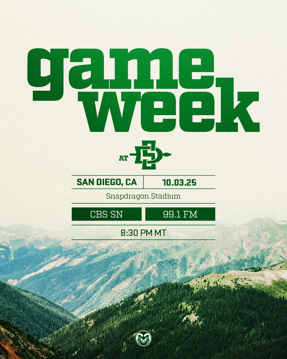 CSUFootball's tweet photo. 𝗪𝗲𝗲𝗸 𝟱: We're back on the road this week and opening our Mountain West schedule at San Diego State on Friday.

📝 https://t.co/hb18YNTAPS

#Relentless x #RamGrit🐏 https://t.co/OsglVysevD
