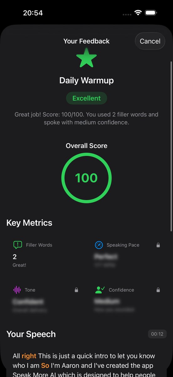 Put together a new feedback screen for SpeakMore today, which I think looks great, but the scoring certainly needs some more work. #buildinpublic #publicspeaking #speakingconfidence #speakmoreai