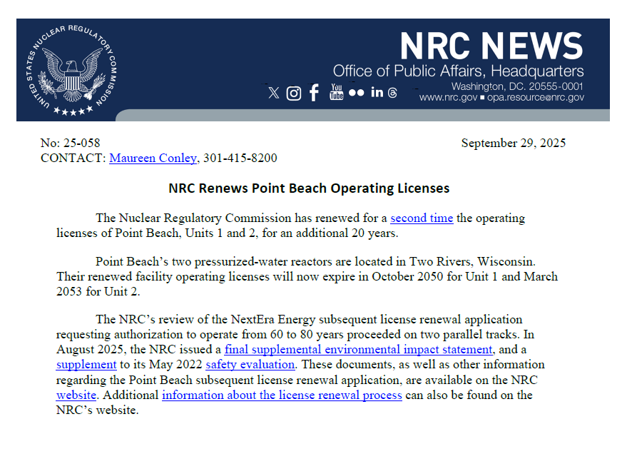 Breaking!💥 US #Nuclear Regulators have extended the operating licenses and #Uranium fuel requirements for the 2 x 600MW Point Beach reactors in #Wisconsin by another 20 years to 80 years!🇺🇸👵⚛️⚡️🔌🏭🏘️🤠🐂24/7 #CarbonFree #CleanEnergy #NetZero #EnergySecurity #USA #RideTheWave🏄