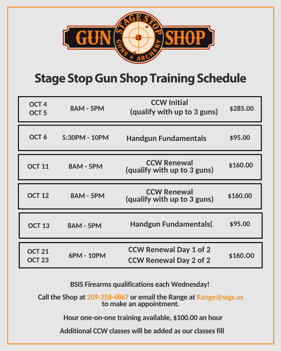 stagestopgun's tweet image. October is full of training classes for you to improve your skills, renew or earn your CCW, and learn important safety and self-defense tactics. 

#StageStop #Training #SafetyCourse #CCWTraining #CCWRenewal #CCWClass
