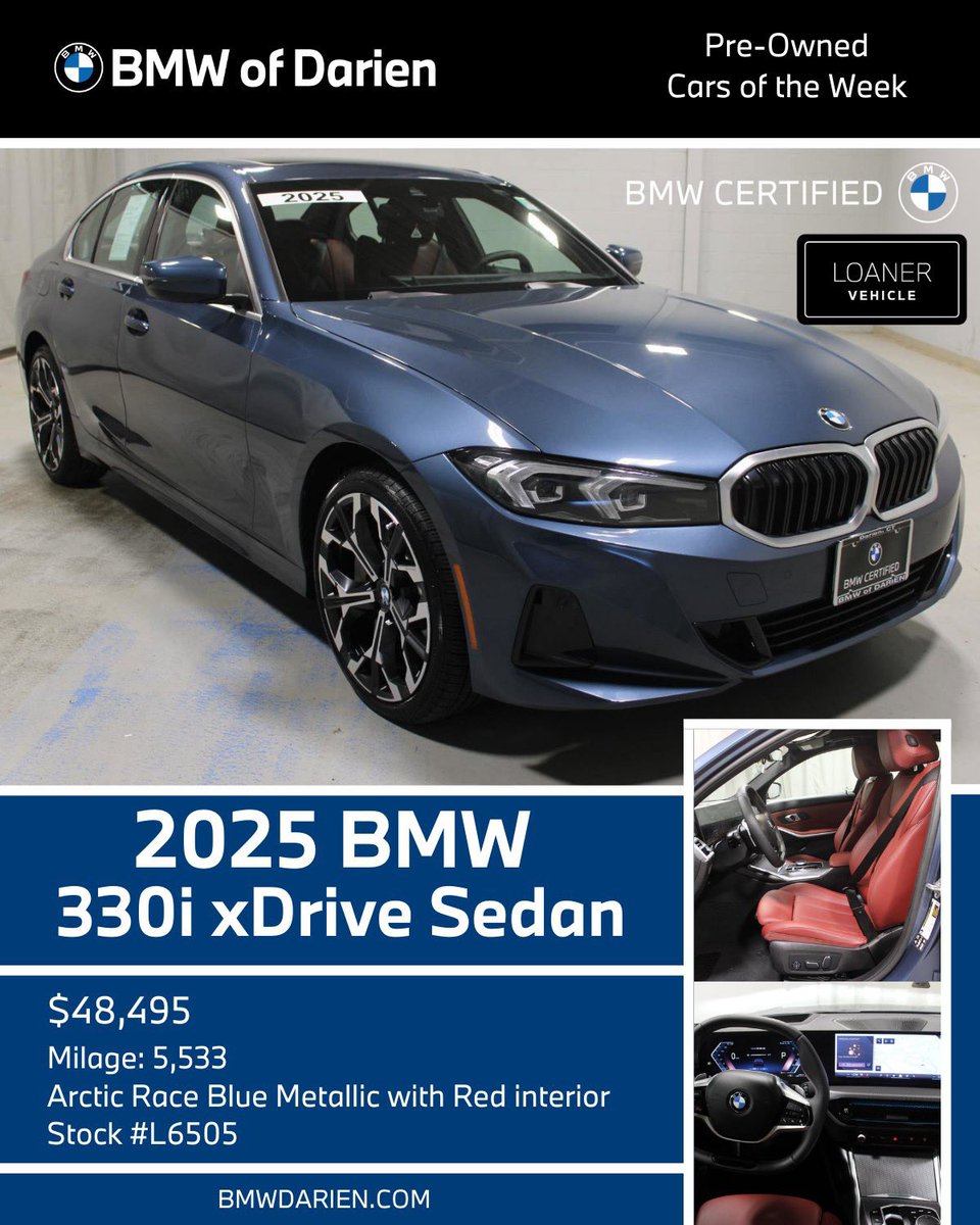 BMWofDarien's tweet photo. Here's a look at  our top pre-owned favorites this week - style, performance, and value in one perfect package.

2025 BMW 330i xDrive Sedan (CPO, RETIRED LOANER)
2023 BMW X7 xDrive40i (CPO)
2025 BMW X1 M35i (CPO, RETIRED LOANER)

Give us a call to learn more about these units. https://t.co/r00QykqYMt