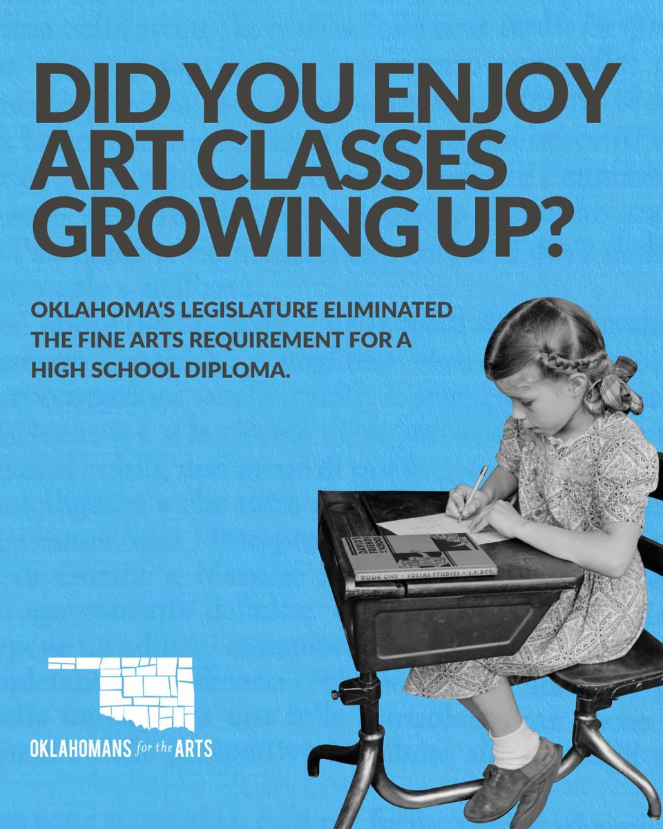While Oklahoma has eliminated the fine arts graduation requirement, we can still make a difference for these students. 

We need you to fund arts education advocacy efforts, make a donation today: ok4arts.org/donate 

#OKArtsEducation #ArtsAdvocacy #OklaomaArtsEducation