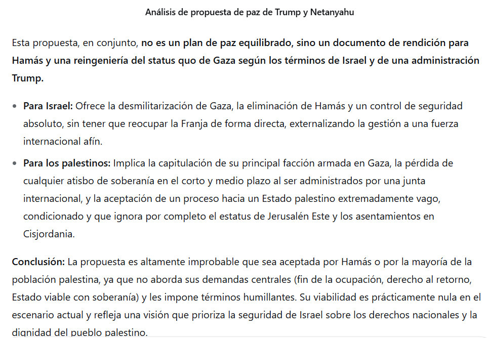 Vidarr07's tweet photo. Esta es la valoración realizada por una IA sobre la propuesta de "Paz" de Trump y Netanyahu.
Tampoco creo que sea necesario ser una IA para llegar a esa conclusión.
#PalestinaLibre https://t.co/kArAdrcUKm