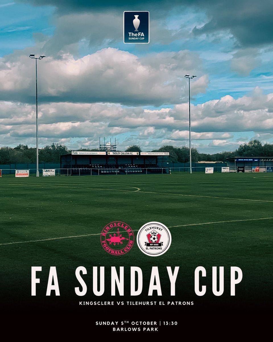 FA Sunday Cup 🏆

Barlows Park plays host to the national Sunday Cup this weekend as Kingsclere take on Tilehurst El Patrons. 

With Romans' representation past &amp; present on both sides, it's sure to be an exciting cup tie.