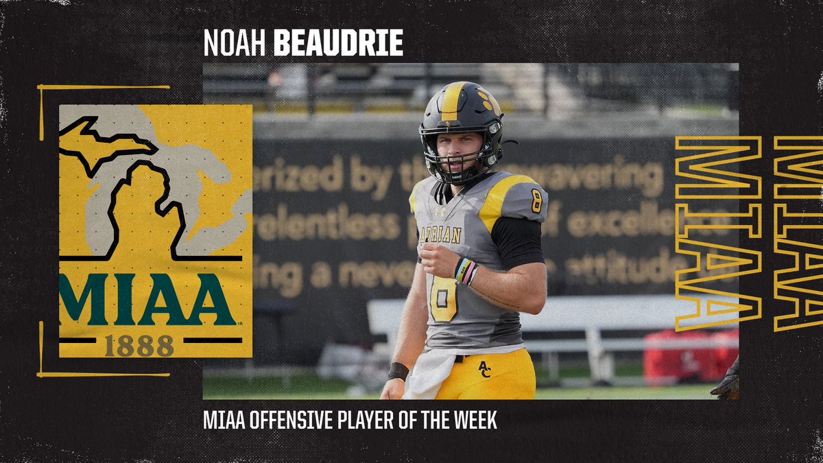 Noah Beaudrie of the <a href="/AdrianCollegeFB/">Adrian College Football</a> team named MIAA Offensive Player of the Week 

📰 tinyurl.com/2b4fpfd8

#d3fotball #GDTBAB