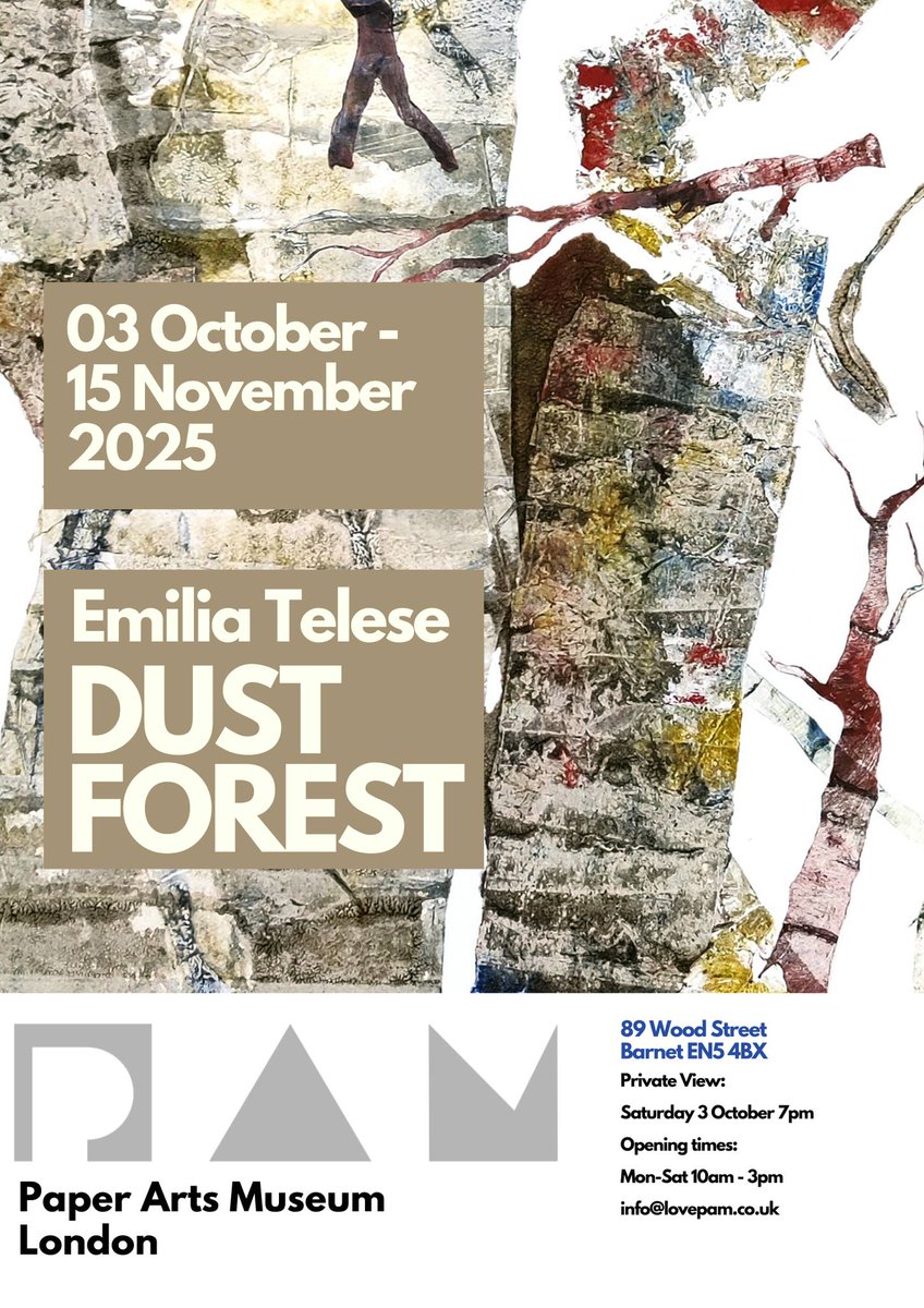 Emilia Telese
Dust Forest
4 - 15 November 2025
The Paper Art Museum
89 Wood Street, London

Dust Forest: Art &amp; Science Talk
Emilia &amp; Dr. Pavla Dagsson-Waldhauserová  discuss Dust Forest
Saturday 4 October 2025 at 6pm
Weston Roof Terrace, Royal Festival Hall, London